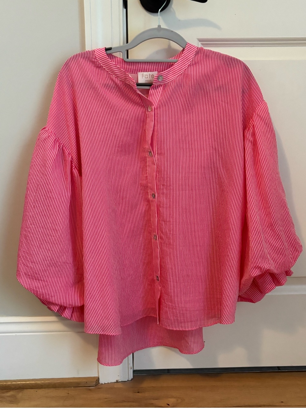 Fate Hot Pink Striped Button-Front Balloon Sleeve Blouse